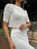 Work Dresses Women White Hollow Out Knitted 2 Piece Set Summer Short Sleeve Round Neck Tops High Waist Wrap Hip Long Skirt Streetwear Suits