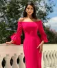 Elegante lange Fuchsia Crepe Prom Kleider mit Rüschen Meerjungfrau Batteau Neck Reißverschluss Rücken Watteau Zug Abendkleider für Frauen