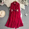 Casual Dresses Chic and Elegant Red Lace Long Dress for Women Office Work Party med Belt Slimming Sleeve Shirt Autumn Spring