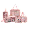New Transparent Cosmetic Bag Six-piece Pvc Wash Storage Bag Bath Swimming Beach Bag Net Red Pu Frosted Bag