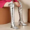 女性のための膝の上のブーツファッションブロックヒールゴールドシルバーメタリックキラキ