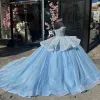 밝은 파란색 환상 슬리빙 퀸스 퀸 네라 드레스 볼 가운 크리스탈 구슬 주름 코르셋 멍청이 de 15 anos