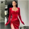 Urban Sexy Dresses 2022 Autumn Winter Women Solid Veet Long Sleeve Ruched Midi Dress Side Slit Bodycon Streetwear Party Elegant Club D Dh9Ax