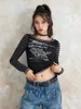 Dames t shirts veer gemonteerde crop tops zwarte lange mouwbrief afdrukken bijgesneden gestreepte t-shirt