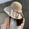 Bérets Grands chapeaux de seau de paille à bord Femmes Girls Anti-UV Protection Bows Sun Sun Sun Outdoor Flinable Portable Panama Beach Visor Cap Upf50