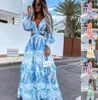 Elegant Womens Dresses Summer Hollow Sexy Print V-Neck Long Sleeve Dress Holiday Beach Lady Vesido Mujer Robe S-XXXL 240415