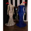 Robes de bal à paillettes Sirène Sparkly Blue Royal Off the épaule Hobe de fête formelle de manches plus de taille plus taille