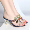 Slippers Women Summer Shoes Thin Heels Pantofle Heeled Mules Med Glitter Slides Fashion Rubber Flip Flops 2024 High Jelly Luxury