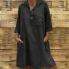 Casual Dresses Summer Solid Color Button Dress Lapel 3/4 Sleeve Pocket Loose Fashion Cotton For Women Elegant Ladies Vestido