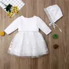 Girl's Dresses Baby Girls Princess Dress Lvory Lace Party Christening Tulle Dress Bonnet Jacket Coat Hat Set Bow Clothes 0-18 Months d240425