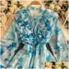 Grundläggande avslappnade klänningar Autumn 2022 Blue Tie-Dye Mini Dress Women Sweet Ruffle Chiffon Vestidos Female Elegant Flare Long Sleeve Irregar Dhha2