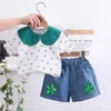 Kleidungssets Sommer süße süße Baby -Mädchen Blumen -Kleidung Sets Fashion Kids Doll Kragen Hemden Tops+ Denim Shorts 2pcs Anzug Mädchen Outfits