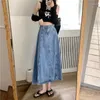 Skirts Korean Style Denim Long Skirt Autumn 2024 A Line High Waist Midi Women Blue Elegant Chic Patchwork Striped Winter