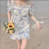 Party Dresses Soft Wind Floral Dress Women's 2024 Summer Sexy Mini Beach Casual Pure Tie Dye Corset High midje Slim Short Suspender kjol