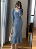 Casual jurken Frankrijk Elegant blauw gebreide zeemeermin vrouwen vintage v-neck warme bodycon avond gewaad Koreaanse winter chic jumper
