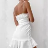 Zomer sexy witte v nek gegolfde rok strakke riem jurk dames kleding