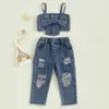 Ensemble de vêtements pour enfants filles Summer Summer Baby Bowknot Sans manchette de débardeur en jean et pantalon déchiré jeans 2pcs