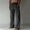 Mens Summer Casual Pants Daily Wear Solid Full Length Soft Linen Mid Waist Pocket Drawstring Trousers Streetwear Bottom 240425