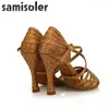 Sapatos de dança Bronze Rhinestone Latin Feminino Salas Ballroom Saltos Altos de 9cm Software de valsa VENDAÇÃO