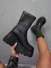 Botas de cunha botas de meia 2023 saltos altos de inverno Mulheres espessas botas pretas punk lady pu de couro de couro em sapatos de botas para menina