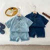 Kläder sätter barnkläder set denim flickor kläder kostym denim skjorta och shorts 2 st pojkar denim set ldren outfit h240509