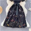 Basic Casual Dresses New Summer Floral Print Slim Short Lady Dress A Line Square Collar Chiffon Puff Sleeve Plover Women 2023 Drop Del Dhi6M