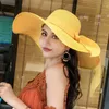 Wide Brim Hats Bucket Hats Summer str hat bow ribbon large bridmed hat womens bohemian style navy blue sun protection color tone elegant and fashionable J240425