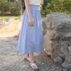 スカートジョンチュア2024夏の青いストライプリネンスカート女性シンプルなゆるい弾性ウエストすべてフランスの牧歌