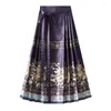 Skirts Chinese Vintage Printed One-Piece Wrap A-line Maxi Long Pleated Satin