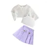 Clothing Sets Summer Baby Girls Long Sleeve Hollow Tops Solid Color Vest Pleated Skirt 3Pcs Suit Children Fashion Kids Outfits