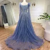 Sukienki imprezowe Serene Hill Luxury Dubai linia niebieskie rękawy z peleryny pióra z koralikami suknie wieczorowe 2024 For Women Wedding La72236