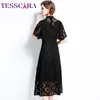 Robes de fête Tesscara Femmes Été Elegant Lace Robe Festa High Quality Office Robe Femme Runway Vintage Designer Black Vestidos