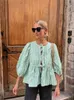 Fashion Green Striped Lace Up Shirt Femmes décontractées O-Neck Couche de trois quarts Loose Top Lady plissée Hollow Out Blouse Street 240416