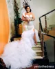 2024 Robes de mariée de sirène luxueuse Robes nuptiales plus taille illusion côté ramiement perles en dentelle perle robe de mariée pour femmes noires africaines D227