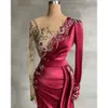 Haftowe koraliki zastosowane syrena fantastyczne sukienki wieczorowe vintage ciemnoczerwono -długi rękawie plisowane suknie imprezowe vestidos BC5321