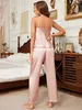 Women's Sleepwear Solid Satin Pajama Set V Neck Cami Top Elastic Waistband Pants Womens Slpwear Loungewear Y240426