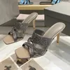 Slippers High версия цветной бриллиантовые квадратные носки Slim Heels Sandals Summer 2024 Gold