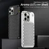 Mobiltelefonfodral Luxury Metal Cooled Hollow Aluminium Phone Case Lämplig för iPhone 15 14 12 Pro Max Plus Aromatic Diffuser Radiator Cover Funna J240426