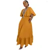 Robes de fête Femme V Robe Neck Robe Patchwork Clain de feu aux manches femelles plissées