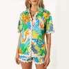 Damen -Trailsanzuiten Hirigin 2 Stück Lounge Set für Frauen Sommer lässig Blumen zwei Urlaubsoutfits Button Down Pyjamas Ric RAC Shorts