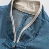 Camisas casuales para hombres hombres chino estilo vintage splice denim flowe stand de manga corta cuello de verano blusa de talla grande para hombre camisa