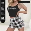 Dames slaapkleding Tweede stuk dames zomerhuis set met ronde nek Suspender Letter Vest boog plaid shorts pyjama set y240426