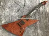 Yükseltilmiş metalik James Hetfield Kenneth Lawrence Quilted Bubinga Üst Kahverengi Elektro Gitar Maun Vücut Güneş Işın Kakmı Aktif Çin EMG Pikapları 9v Pil Kutusu