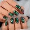 False Nails Metallic Press On Fake Green Color Stick Square Medium Length Fashion Woman Dating Party