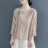 Blouses voor vrouwen herfst Chinese stijl o nek lange mouw shirt vrouwen vintage elegante schuine openingsknop katoenpullovers 2024