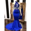 Halter Satin Mermaid Royal Blue Long Prom -jurken Garnes Stenen Top Backless Sweep Train Formele feestkleding jurken BC