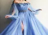 2019 Gorgeous Beaded Collar Evening Dresses Sexy Side split Sheer Neck Long Poet Sleevs Tulle Puffy Forml Evening Wears Prom Dress9117848