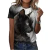 女性のTシャツレディースTシャツファッションブラウスショートスルベの女性用3DキャットプリントブラックカワイイTシャツ女性特大の夏のトップT240425