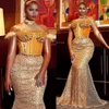 2024 Luxury Gold Prom Dresses for Black Women Promdress Illusion High Neck Rhinestones Crystals Decorated Sequined Lace Birthday Dress Second Reception Gown AM775