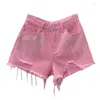 Jeans feminino rosa irregular rasgado shorts de jeans de jeans de verão